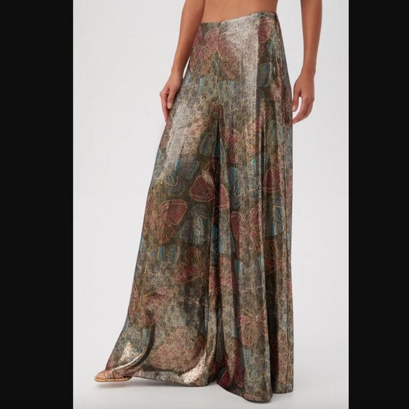 Trina Turk Siya Metallic Silk Butterfly Patterned Wide Leg Pants 0 - Picture 3 of 11